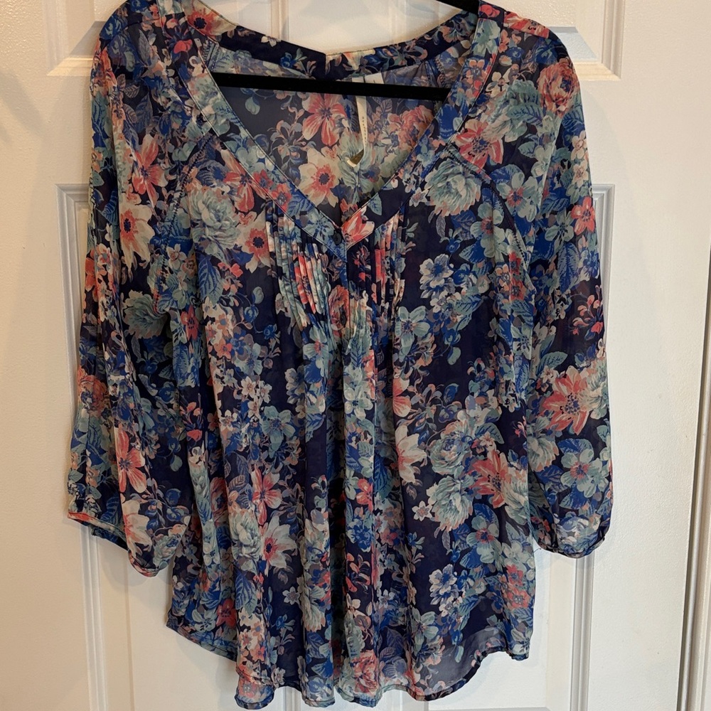 LC Lauren Conrad Navy Floral Blouse
